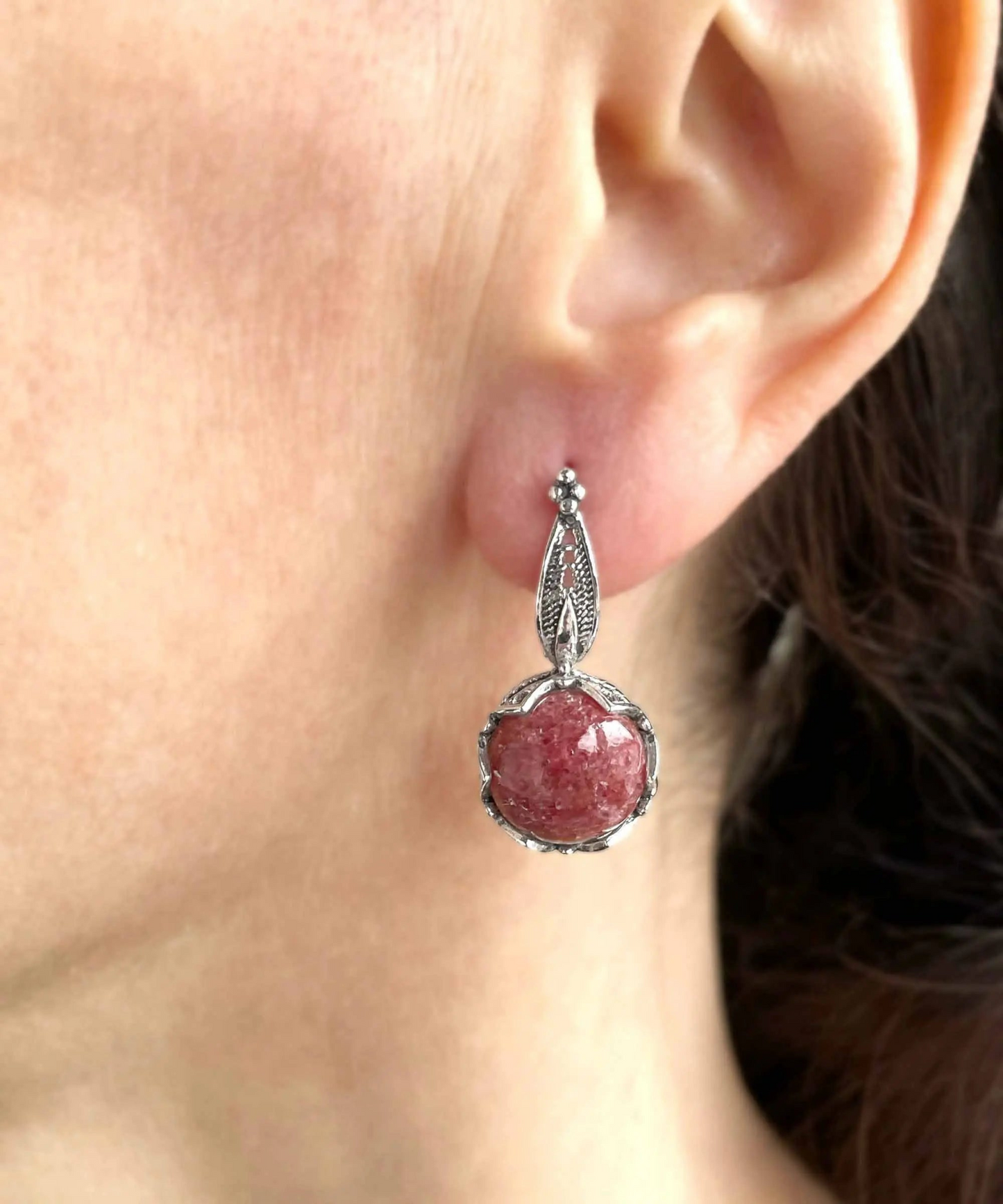 FiligranIst - Elegant Filigree Rhodonite Sterling Silver Woman Drop Earrings