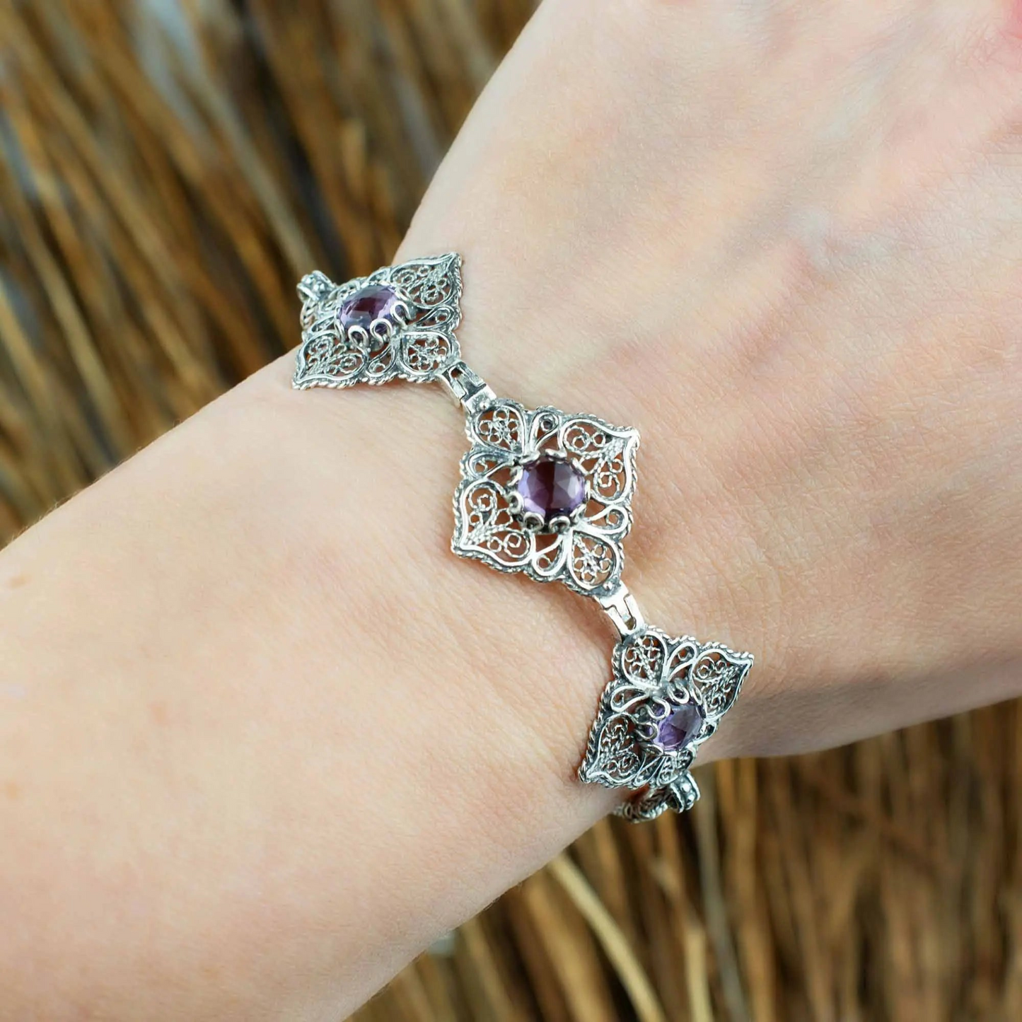 FiligranIst - Filigree Art Sterling Silver Amethyst Gemstone Woman Adjustable Link Bracelet