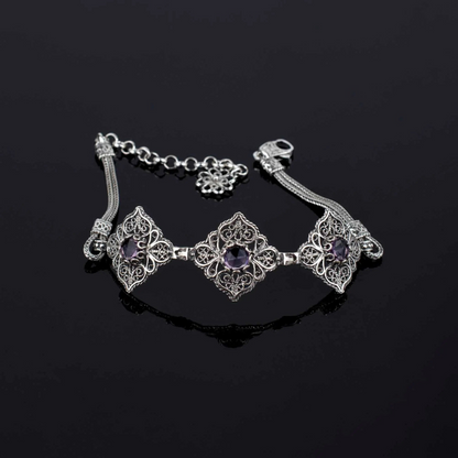 FiligranIst - Filigree Art Sterling Silver Amethyst Gemstone Woman Adjustable Link Bracelet