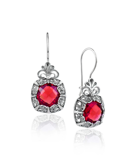 FiligranIst - Filigree Art Ruby Gemstone Woman Silver Drop Earrings