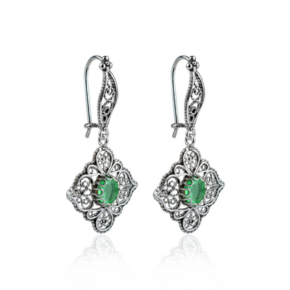 FiligranIst - Sterling Silver Filigree Art Emerald Gemstone Woman Dangle Drop Earrings