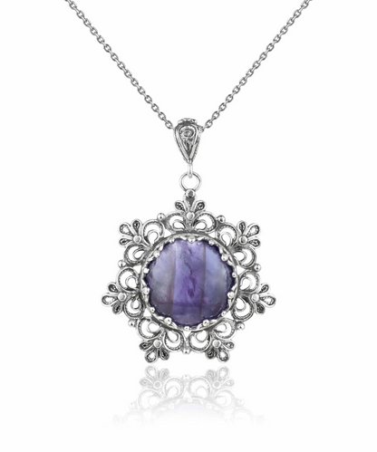 FiligranIst - Handcrafted Amethyst Gemstone Flower Silver Filigree Pendant Necklace