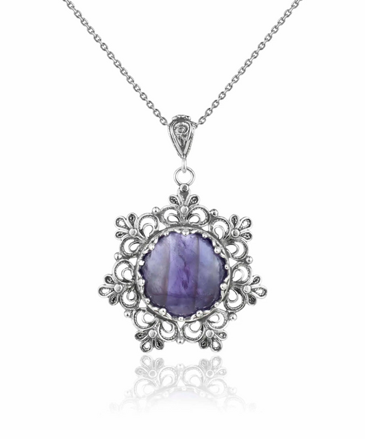 FiligranIst - Handcrafted Amethyst Gemstone Flower Silver Filigree Pendant Necklace