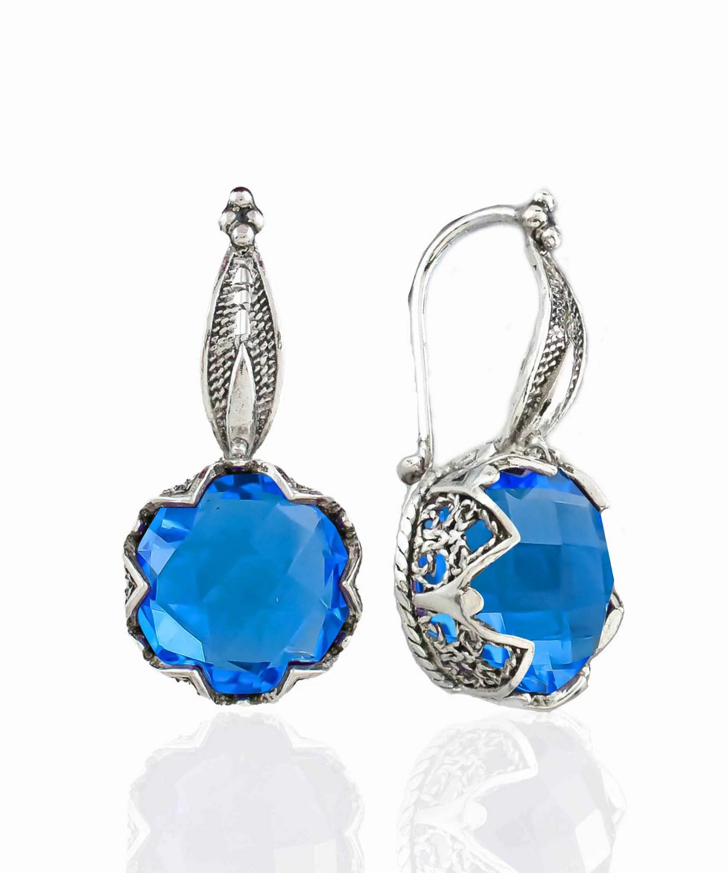 FiligranIst -  Filigree Flower Design Blue Quartz Sterling Silver Dangle Earrings