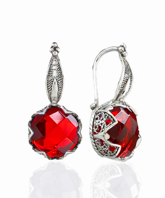 FiligranIst - Filigree Flower Motif Ruby Gemstone Sterling Silver Woman Drop Earrings