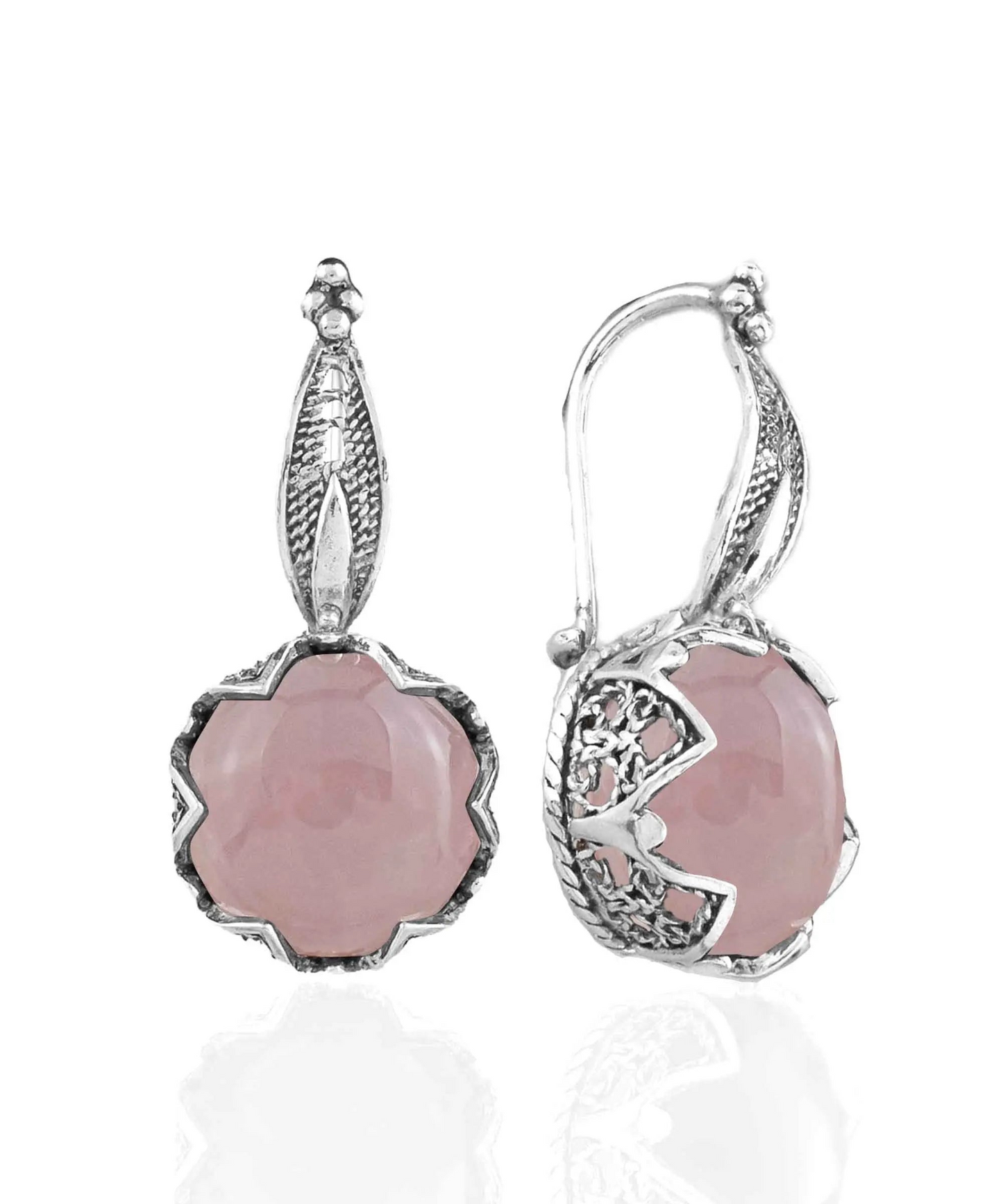 FiligranIst - Graceful Filigree Leaf Pattern Rose Quartz Sterling Silver Drop Earrings