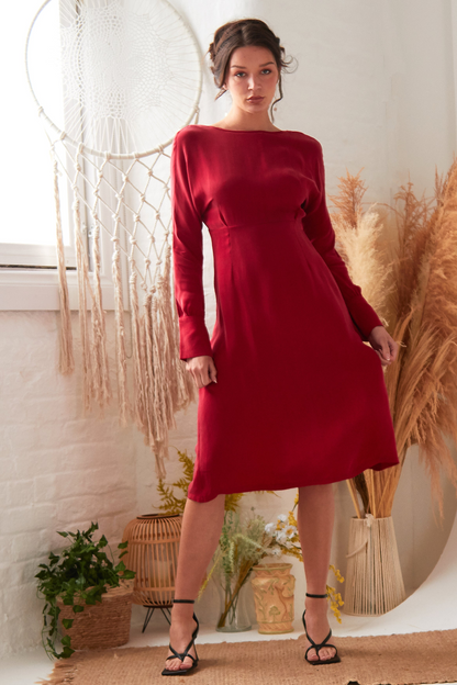 Sarvin Shay Red Long Sleeve Midi Dress