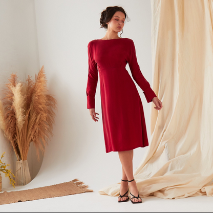 Sarvin Shay Red Long Sleeve Midi Dress