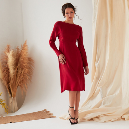 Sarvin Shay Red Long Sleeve Midi Dress