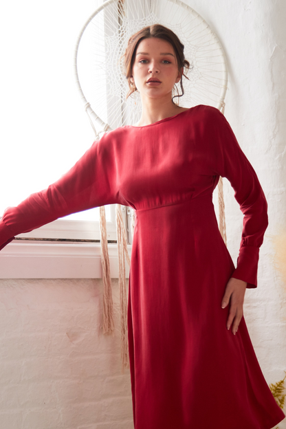 Sarvin Shay Red Long Sleeve Midi Dress