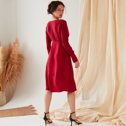 Sarvin Shay Red Long Sleeve Midi Dress