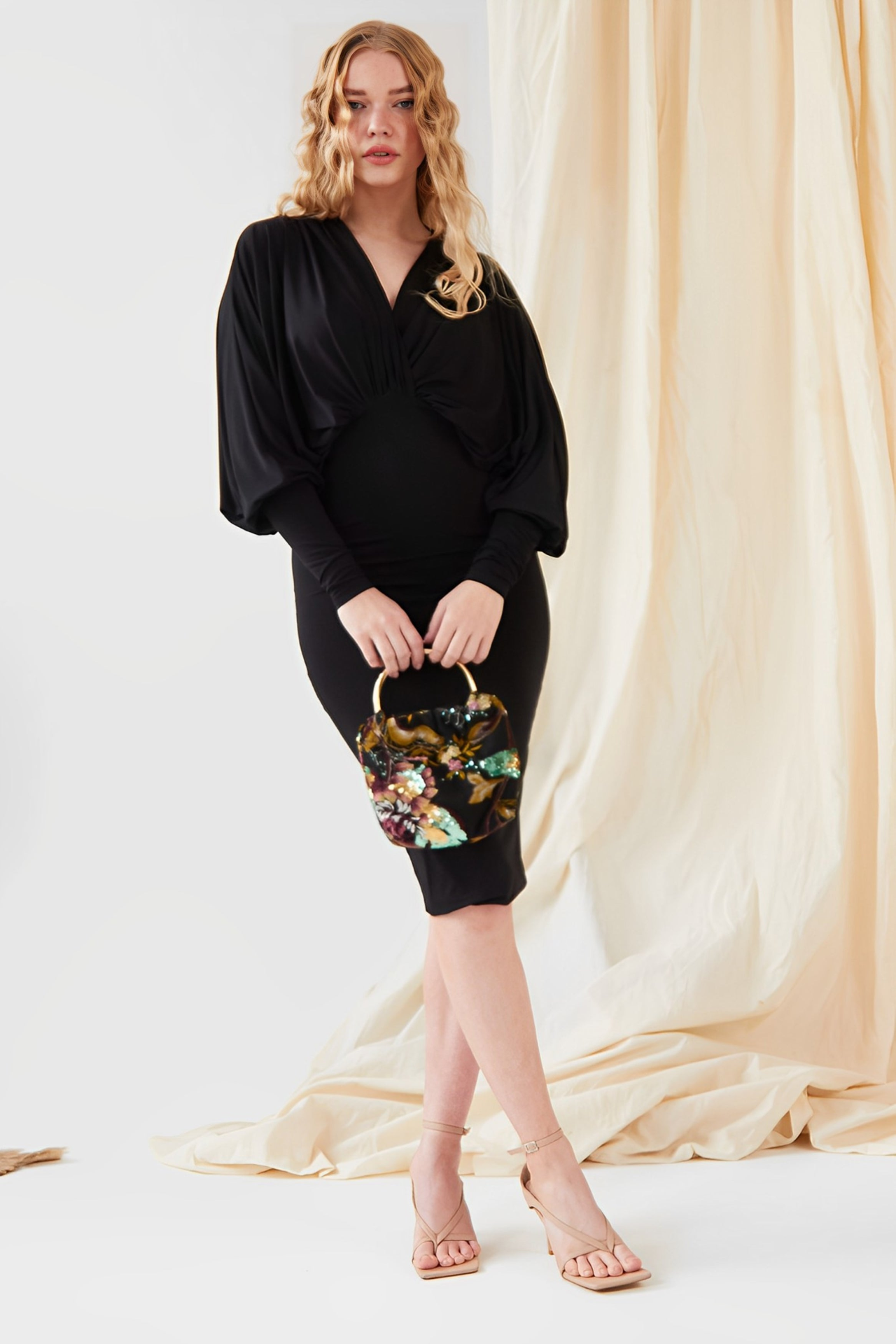 Sarvin Lea Black Batwing Sleeve Dress