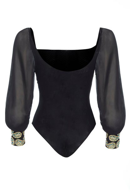 Sarvin Yasmine Black Mesh Bodysuit Long Sleeve