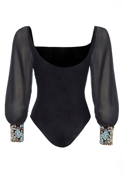 Sarvin Yasmine Black Mesh Bodysuit Long Sleeve