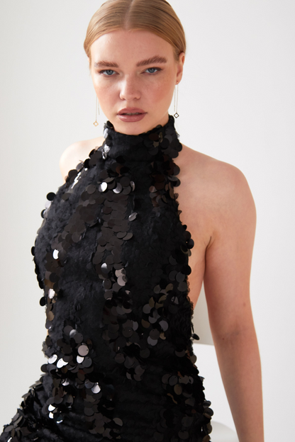 Sarvin Siah Black Backless Sparkly Dress