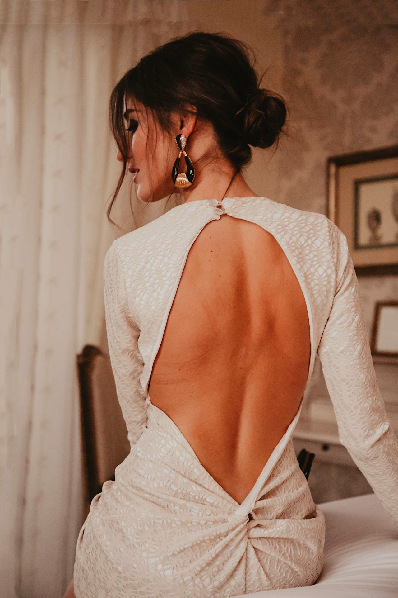 Sarvin Morena Ivory Long Sleeve Backless Dress