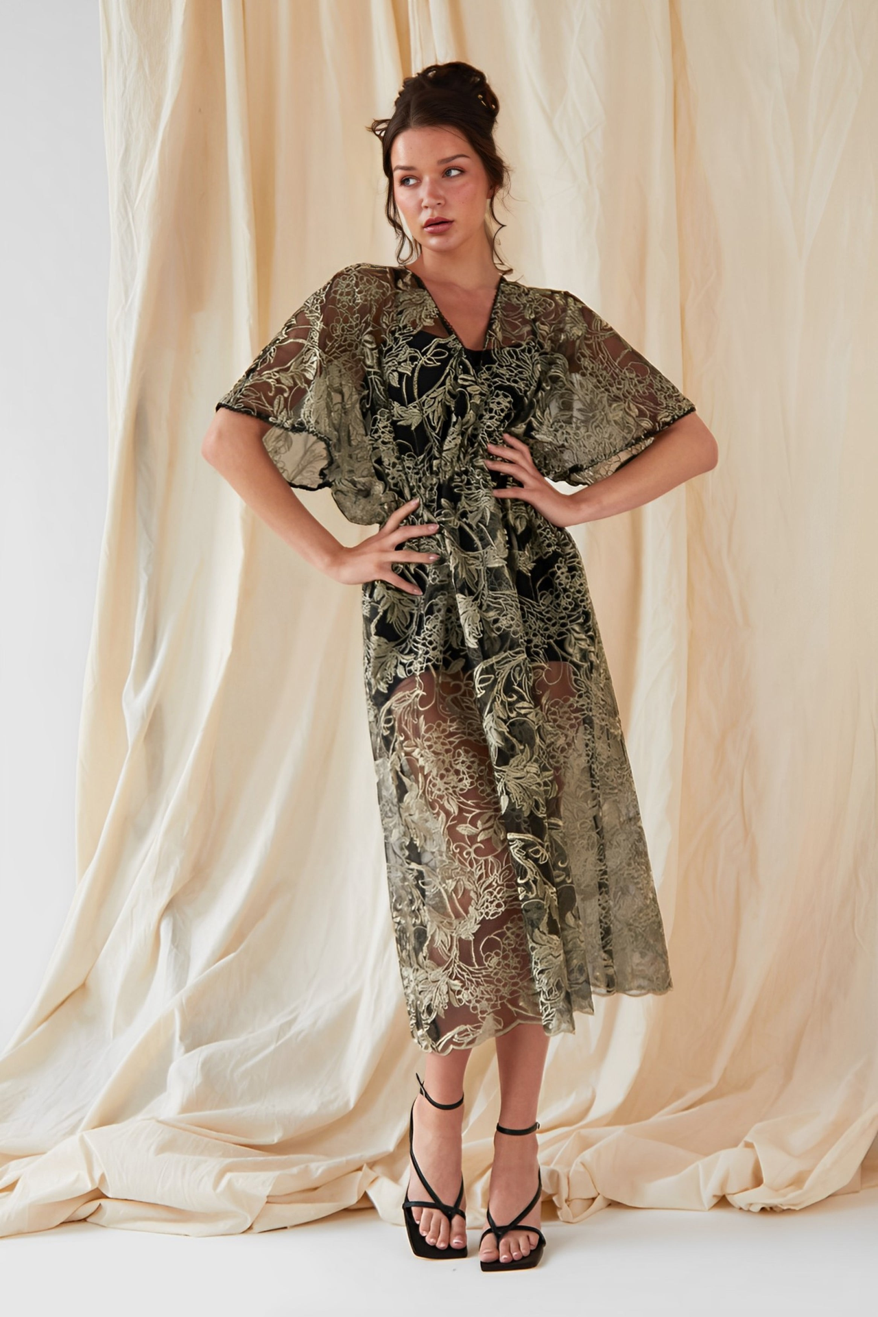 Sarvin Agate Embroidered Flutter Sleeve Dress