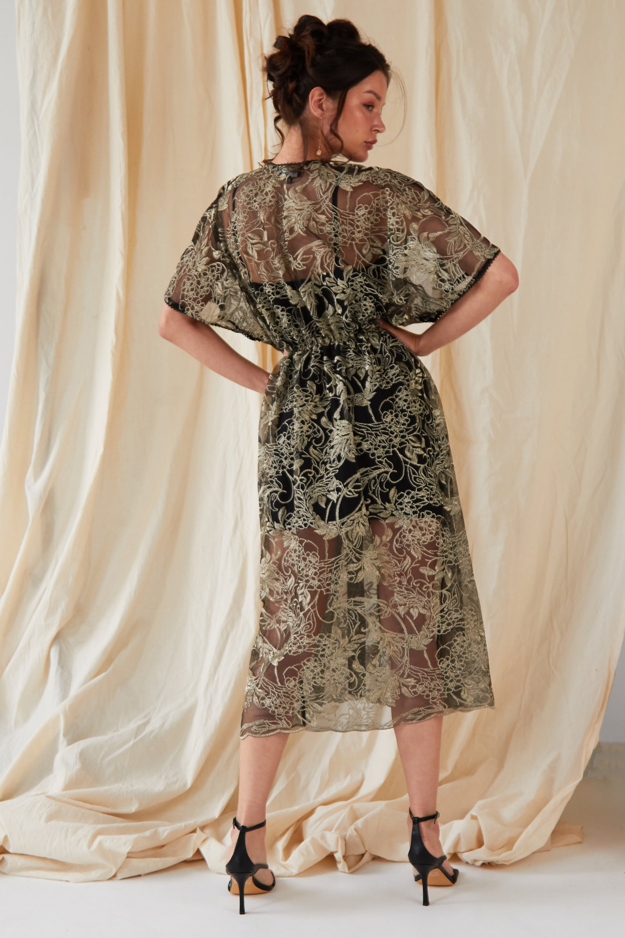 Sarvin Agate Embroidered Flutter Sleeve Dress