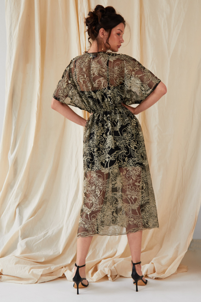 Sarvin Agate Embroidered Flutter Sleeve Dress