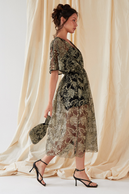 Sarvin Agate Embroidered Flutter Sleeve Dress