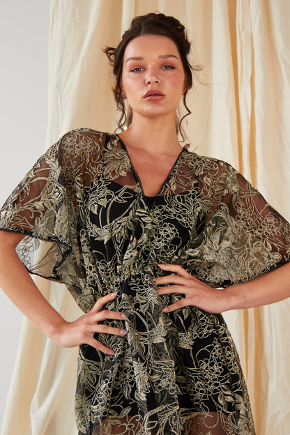 Sarvin Agate Embroidered Flutter Sleeve Dress