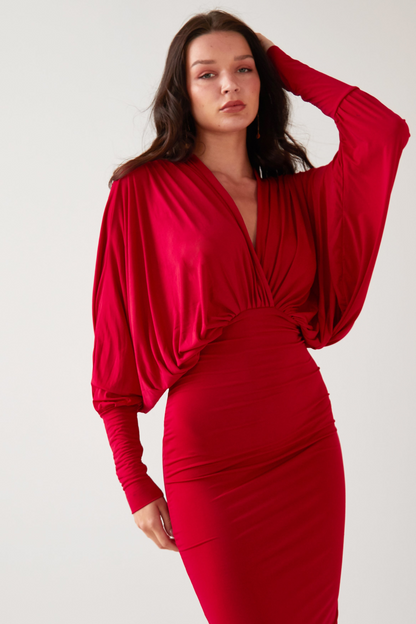 Sarvin Lea Red Batwing Dress