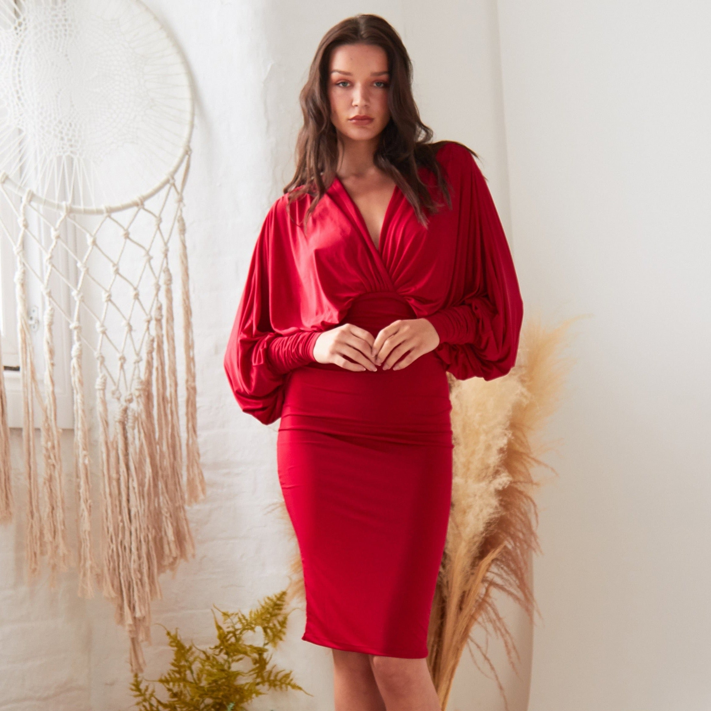 Sarvin Lea Red Batwing Dress