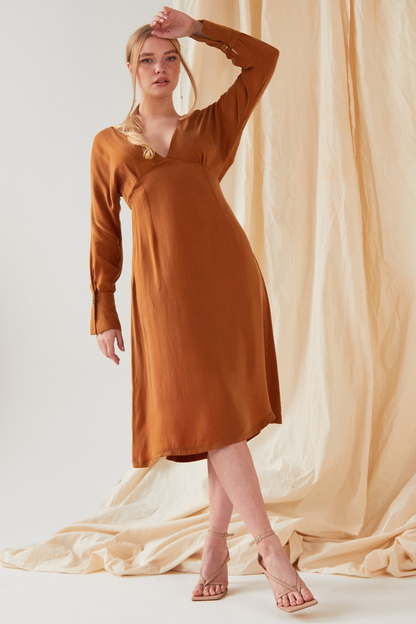 Sarvin Shay Gold Long Sleeve Midi Dress