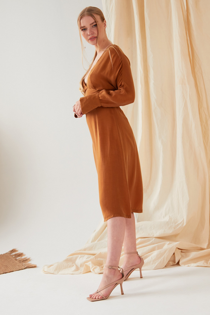 Sarvin Shay Gold Long Sleeve Midi Dress