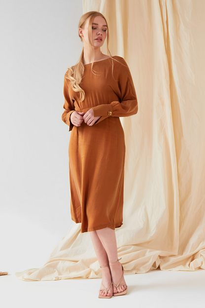 Sarvin Shay Gold Long Sleeve Midi Dress