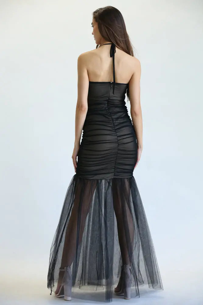 Aayla Ruched Tulle Mermaid Gown with Halter Cutout & Layered Hem | Rose Paulino