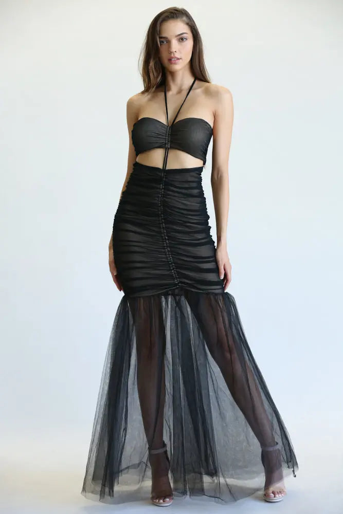 Aayla Ruched Tulle Mermaid Gown with Halter Cutout & Layered Hem | Rose Paulino