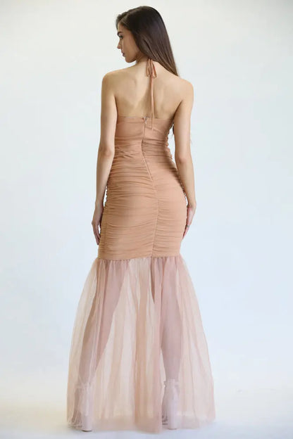 Aayla Ruched Tulle Mermaid Gown with Halter Cutout & Layered Hem | Rose Paulino