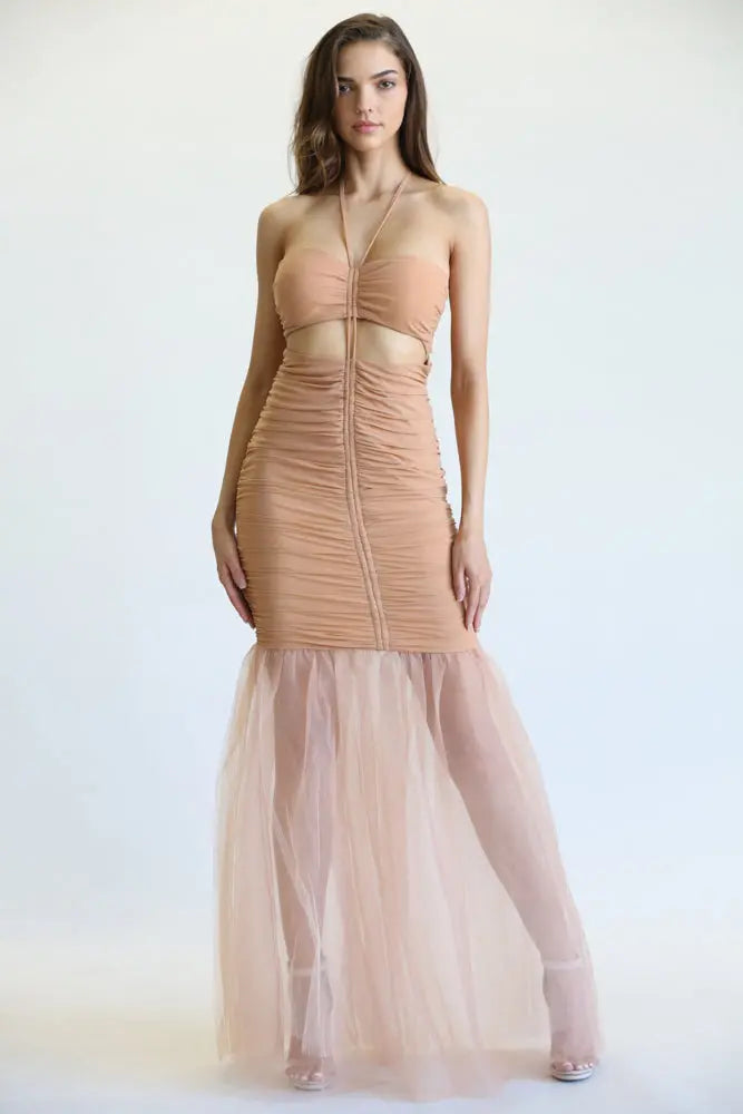 Aayla Ruched Tulle Mermaid Gown with Halter Cutout & Layered Hem | Rose Paulino