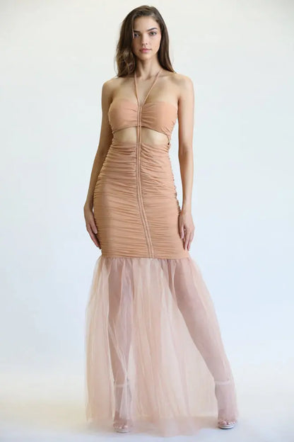 Aayla Ruched Tulle Mermaid Gown with Halter Cutout & Layered Hem | Rose Paulino