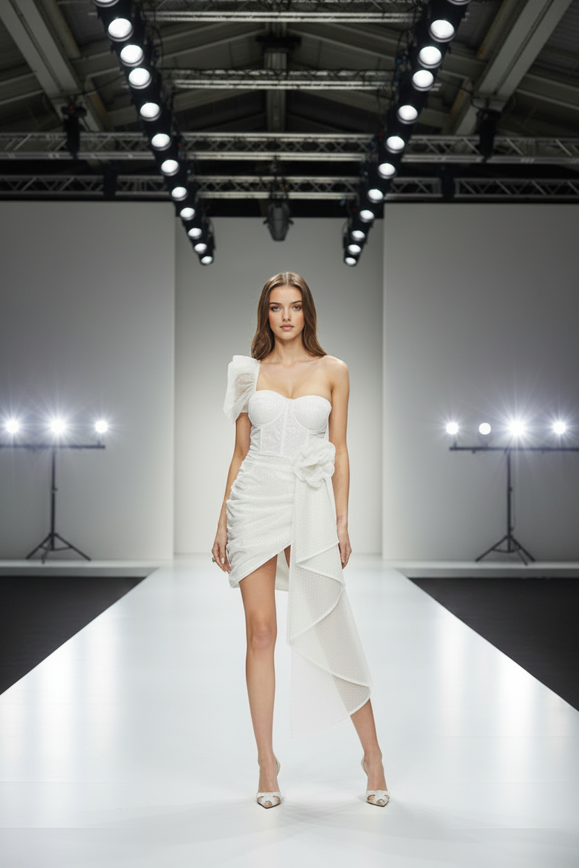 Model wearing a white dress on a runway with bright lights and a minimalist background