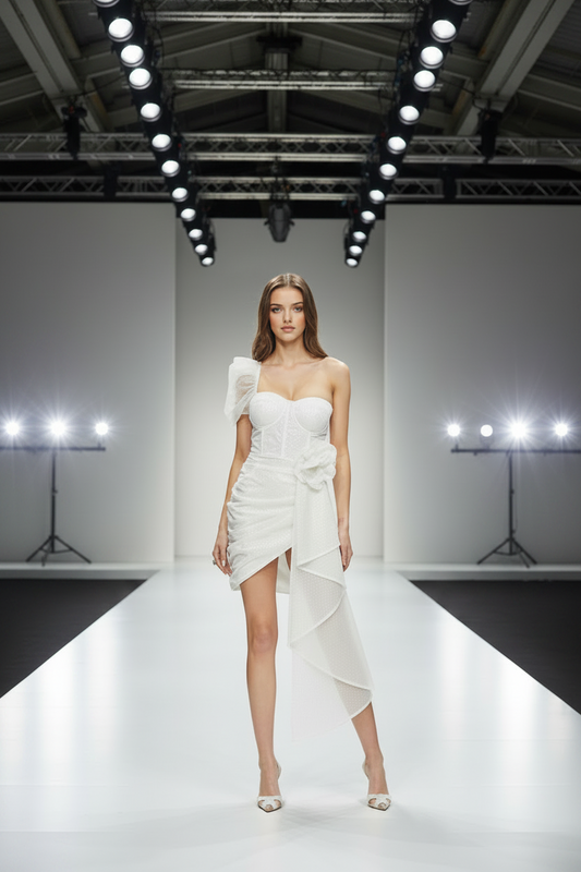 Model wearing a white dress on a runway with bright lights and a minimalist background