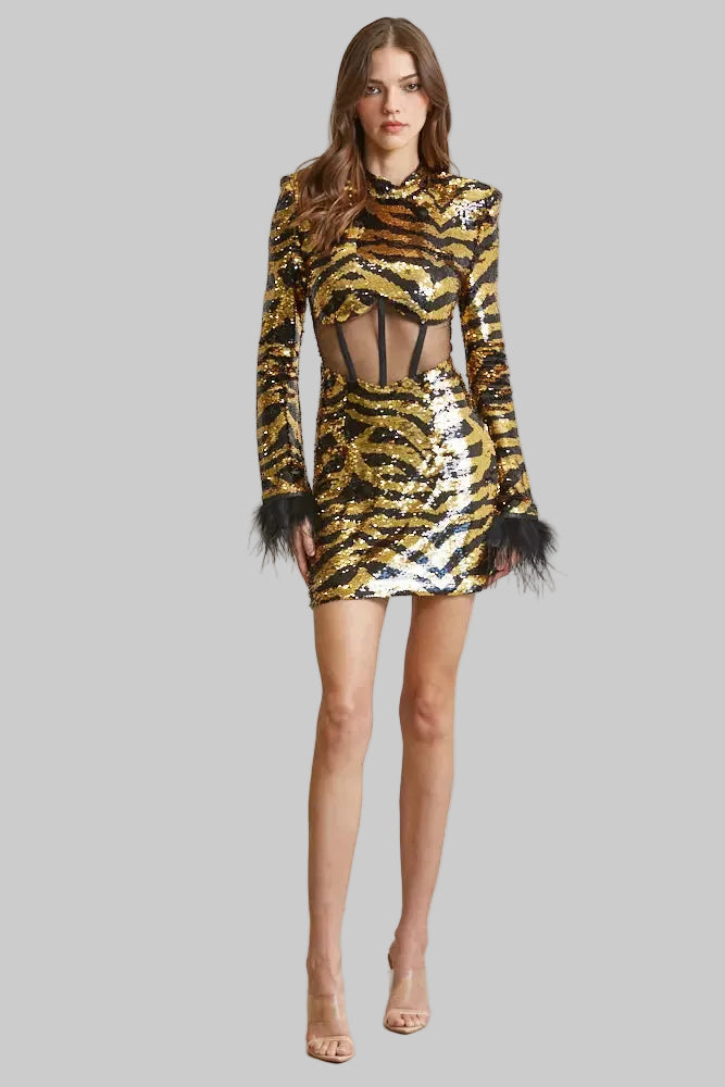 Brianna Zebra Sequin Mesh Corset Dress with Feather Trim Cuffs | Rose Paulino