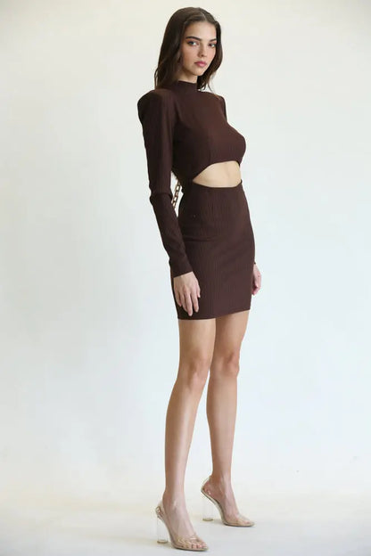 Brynlee Chunky Chain Open Back Ribbed Knit Dress with Power Shoulders | Rose Paulino
