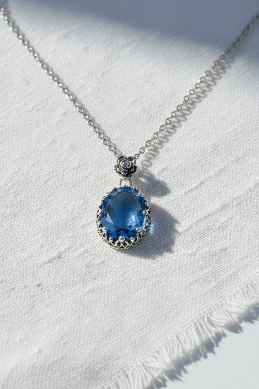 Handcrafted 925 Sterling Silver Blue Quartz Filigree Art Pendant Necklace | Filigranist