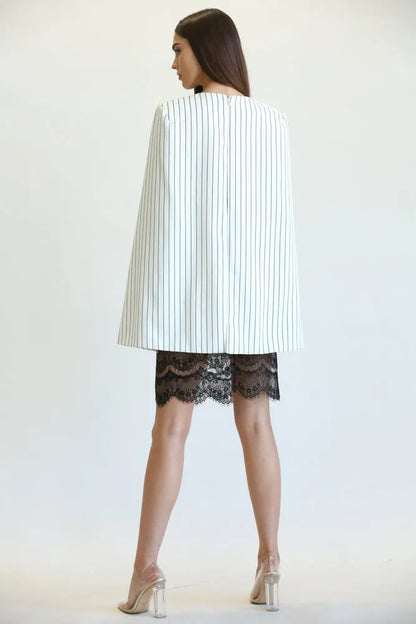 Lila Pinstripe Cape Sleeve V-Neck Dress with Scalloped Lace Trim | Rose Paulino