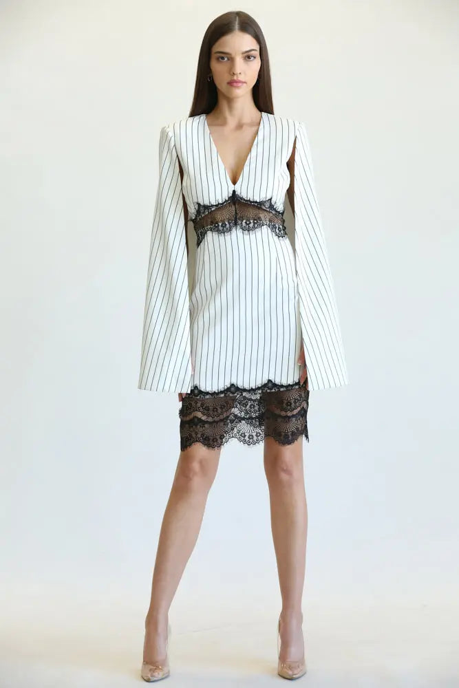 Lila Pinstripe Cape Sleeve V-Neck Dress with Scalloped Lace Trim | Rose Paulino