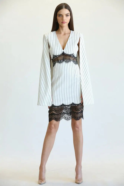 Lila Pinstripe Cape Sleeve V-Neck Dress with Scalloped Lace Trim | Rose Paulino