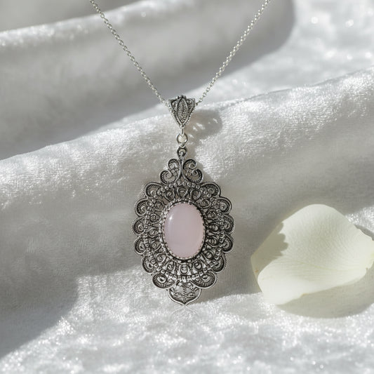 Handcrafted 925 Sterling Silver Rose Quartz Filigree Art Floral Pendant Necklace | Filigranist