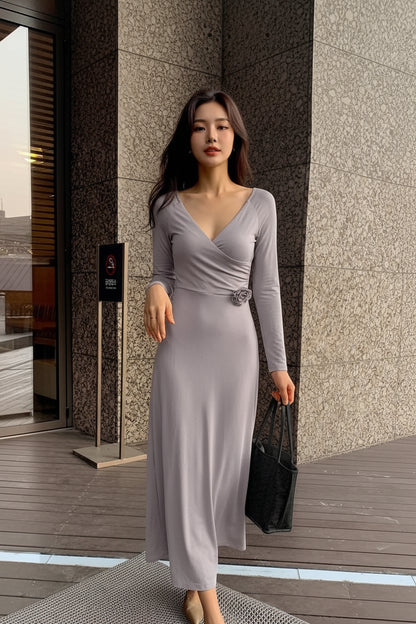 Surplice Long Sleeve Midi Dress