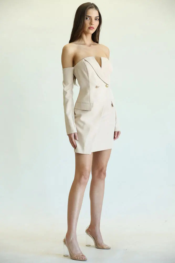 Zuri Off-Shoulder Double-Breasted Blazer Dress with Gold Buttons | Rose Paulino