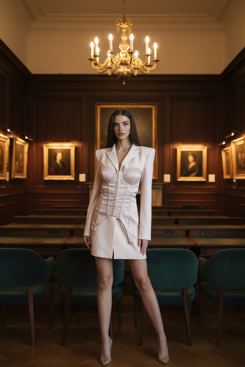 Galenia Satin Corset Blazer Dress with Underwire Cups & Suspenders | Rose Paulino
