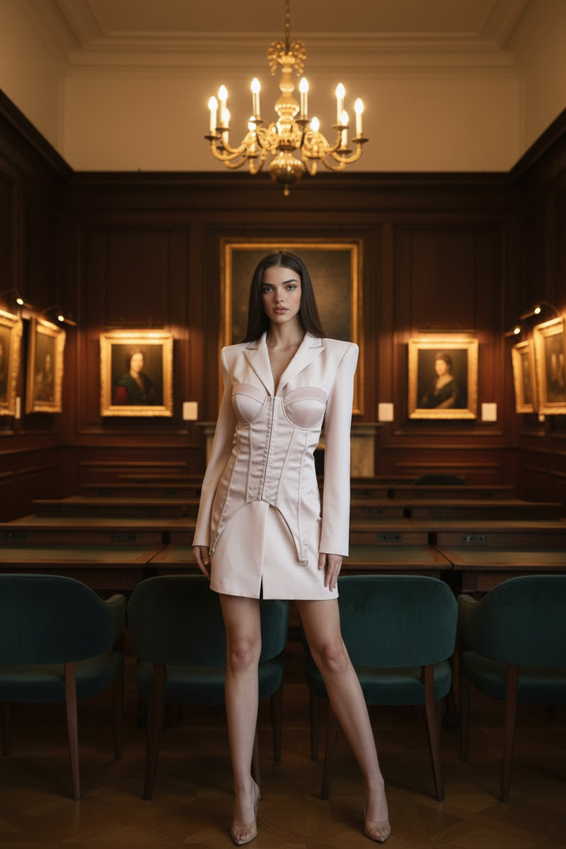 Galenia Satin Corset Blazer Dress with Underwire Cups & Suspenders | Rose Paulino