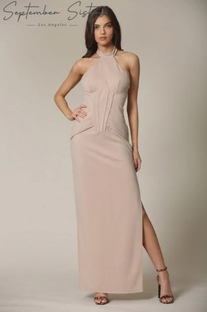 Emelye Pleated Underwire Corset Gown with Side Slit & Front Boning | Rose Paulino