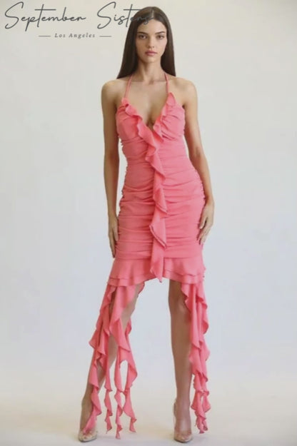 Kamila Tiered Ruffle Halter Chiffon Dress with Flowing Strand Detail | Rose Paulino